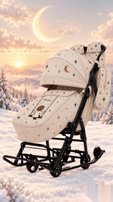 Санки-коляска PIKATE LUNA Beige на полозьях — бежевые со звёздами