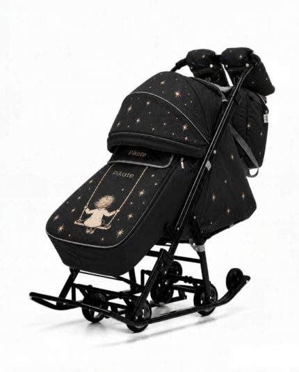 Санки-коляска PIKATE LUNA Black на полозьях — чёрные со звёздами